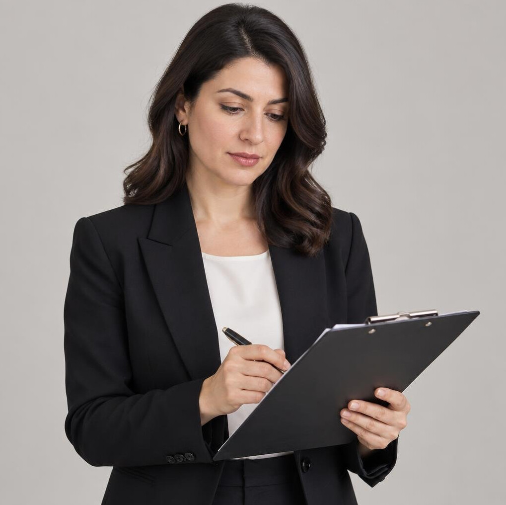 Female media consultant reviewing notes before a session