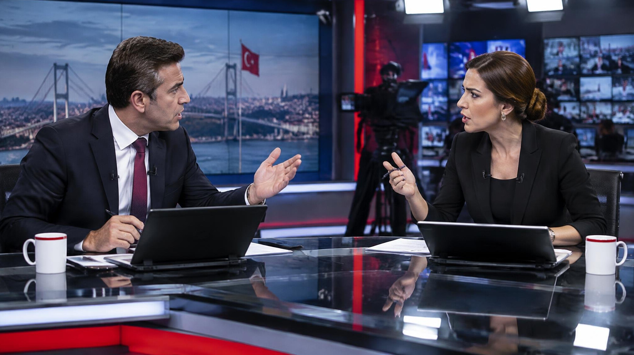 Two TV news anchors in a heated discussion during a live broadcast