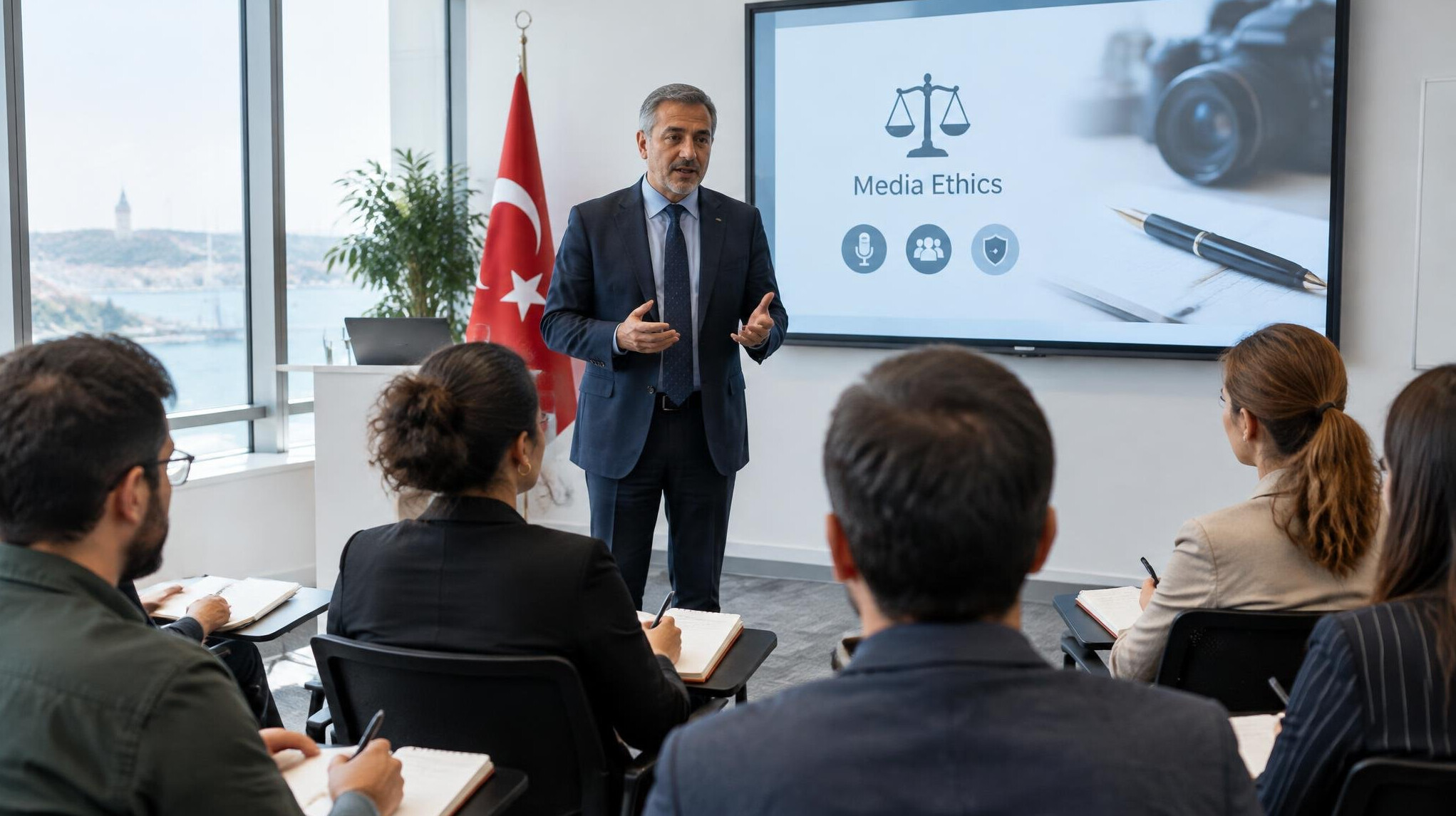 Trainer leading a media ethics seminar with journalists