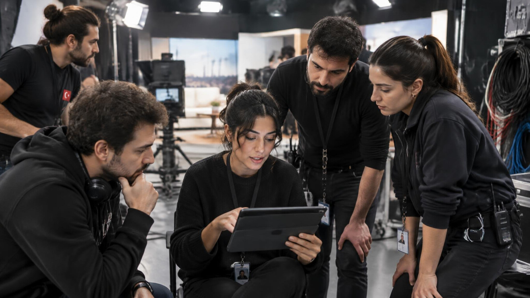 Production team collaborating behind the scenes in a TV studio