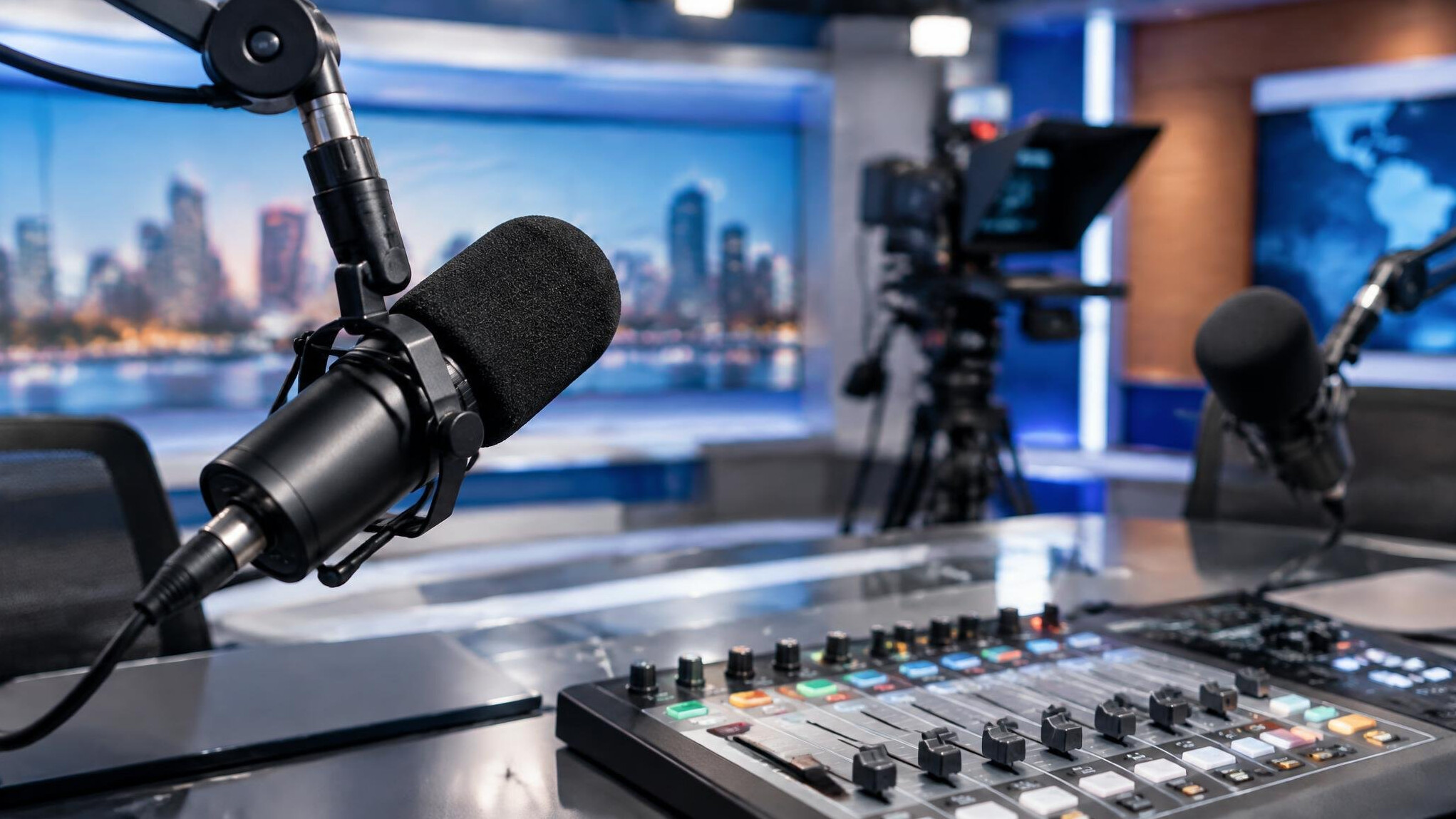 Broadcast microphone and mixing equipment in a TV studio
